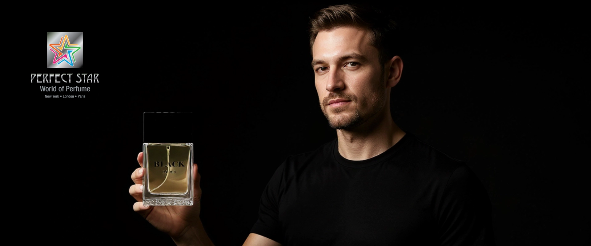 Perfect Star - Black Edition by Jhony USA Perfect-Star-World-of-Perfume-Black-Edition-fragrance-held-by-a-male-model-representing-elegance-and-masculine-luxury