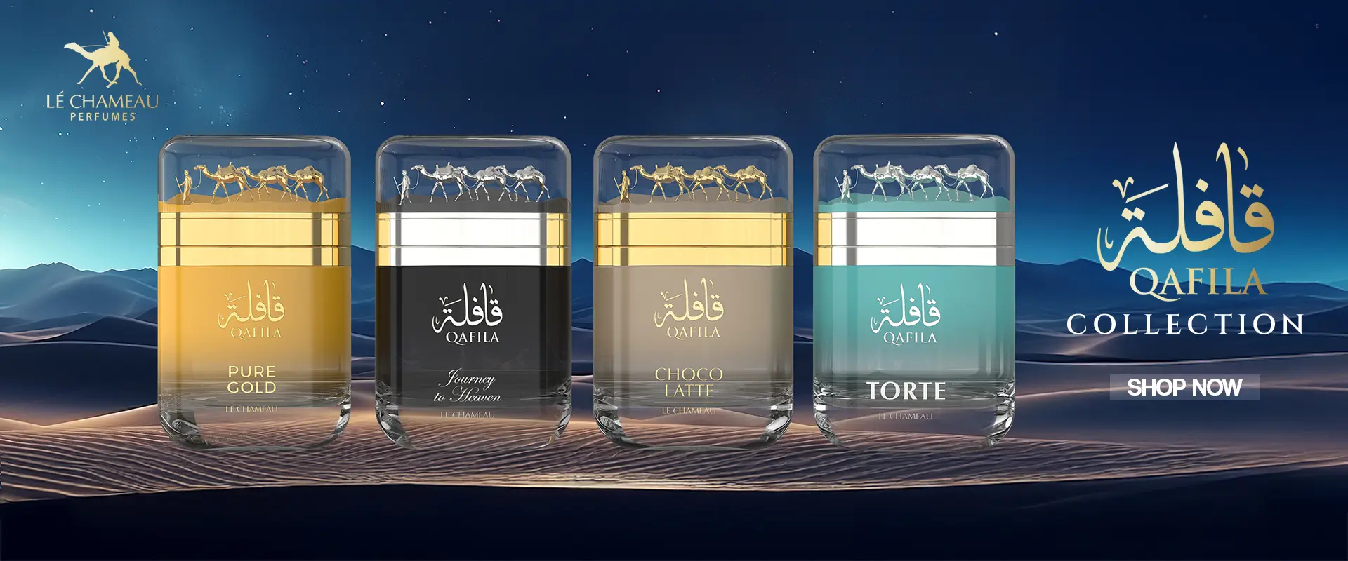 Qafila Collection - Le Chameau Qafila-Collection-fragrance-line-featuring-Pure-Gold-Journey-to-Heaven-and-Choco-Latte-editions-–-Modern-luxury-scents